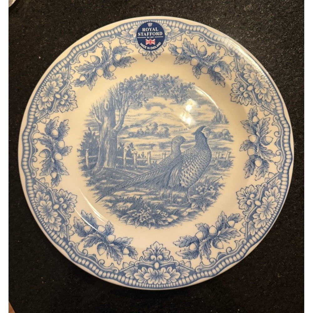 Set of 4 Royal Stafford Blue Pair of Pheasants 10 1/2" Woodland Dinner Plates